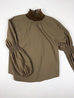 INITIAL Japanese Fabric Women's Smocked Ruffle Turtleneck Balloon Sleeve Blouse